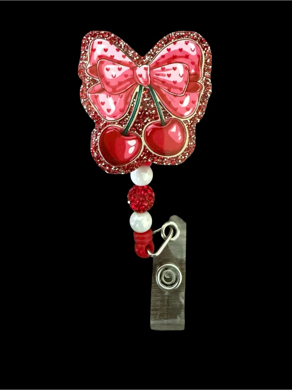 Red Cherry Bow Badge Reel Card Holder